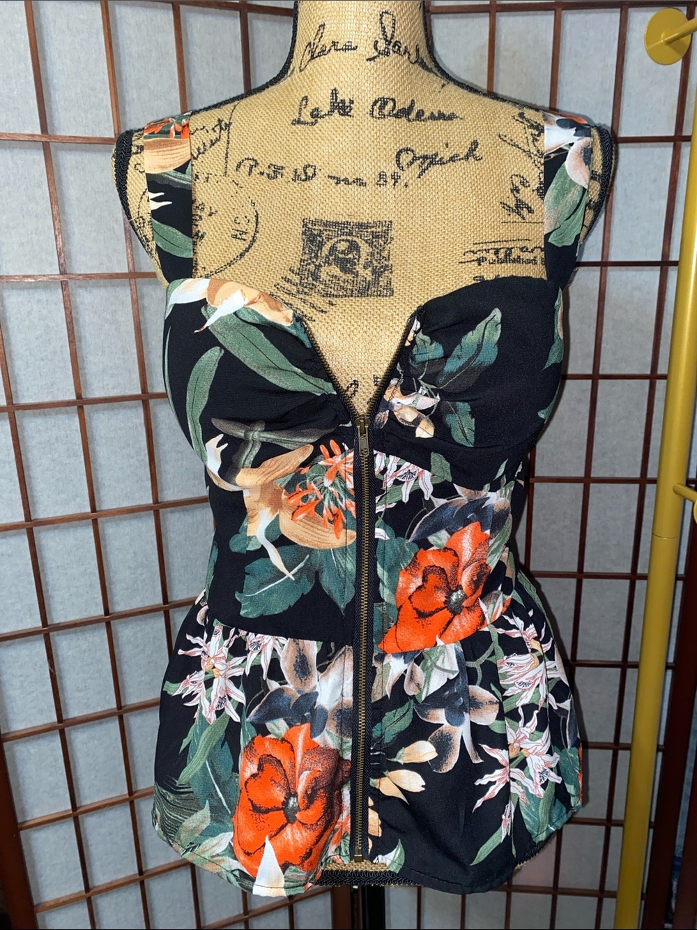 Mind Code Black Floral Smocked Top with Orange and Green Accents